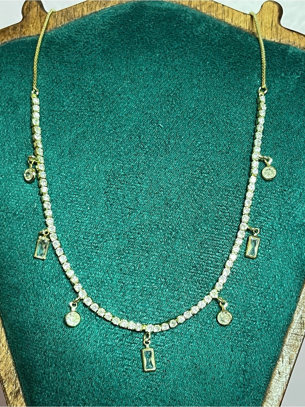 Gold Tennis Necklace with Clear Crystal Drops 16-18” Sparkles & Movement!